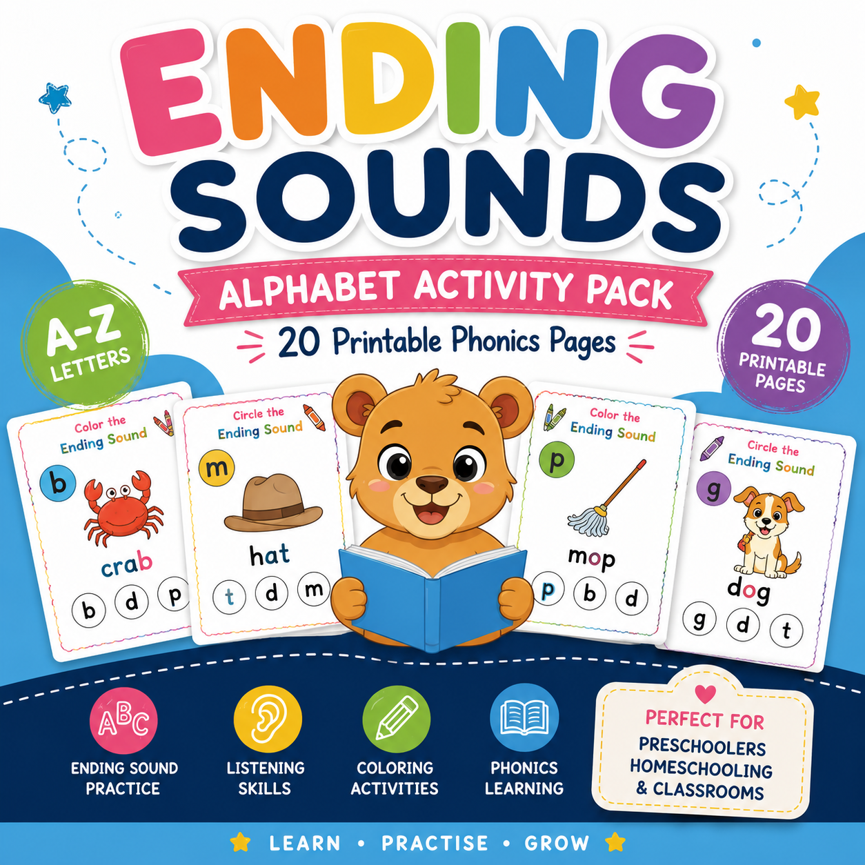 Ending Sounds Alphabet Activity Pack | 20 Printable Phonics Pages