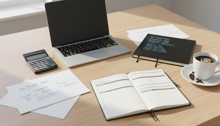 Close-up view of a notebook beside a laptop and calculator on a kitchen table.