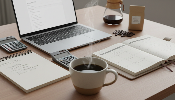 Eye-level view of a coffee cup beside a business planner and notebook on a table.