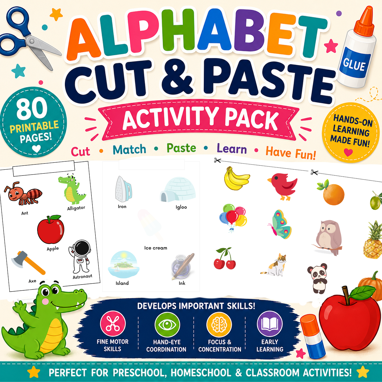 ✂️ Alphabet Cut & Paste Activity Pack| 80 Printable Pages