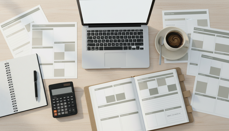Overhead view of printed small business planning pages with a laptop nearby.