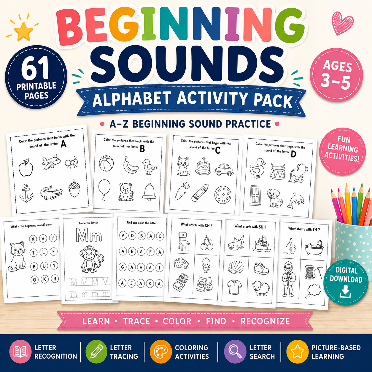 Beginning Sounds Alphabet Activity Pack | 61 Printable Phonics Pages