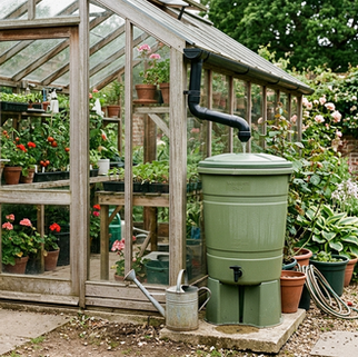 Greenhouse in garden with water butt
