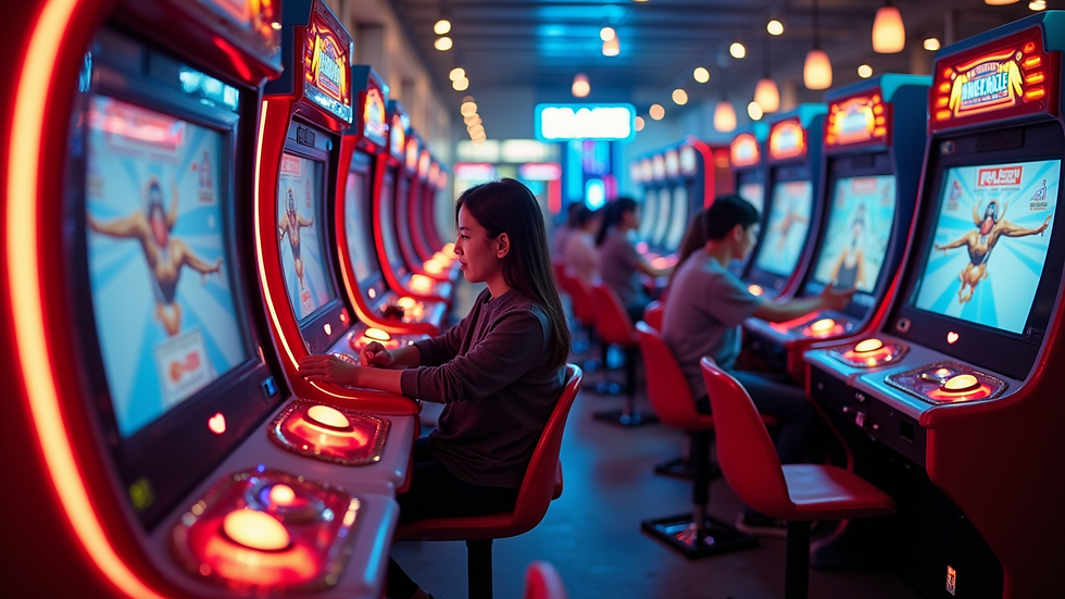 High angle view of players enjoying Reflex Rumble arcade game