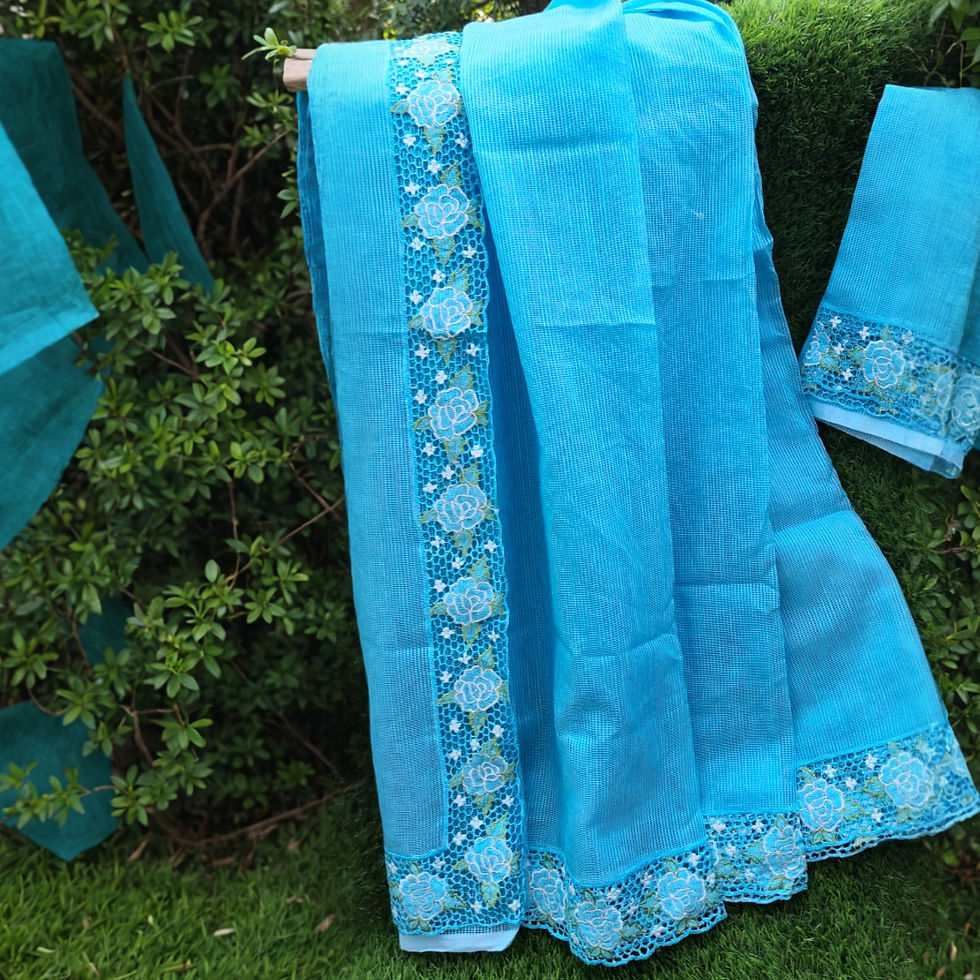 Light blue color kota saree and blouse with cutwork