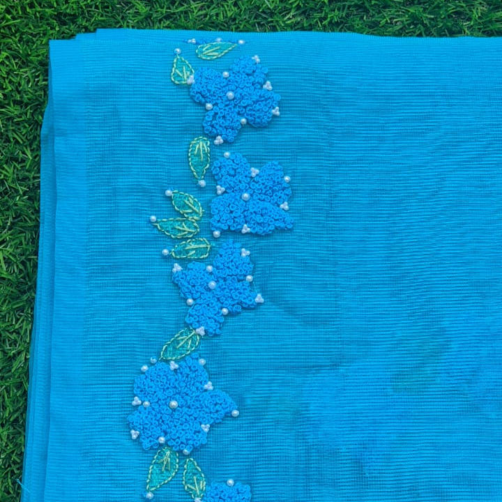Designer Hand Embroidered Kota Saree - Blue Color