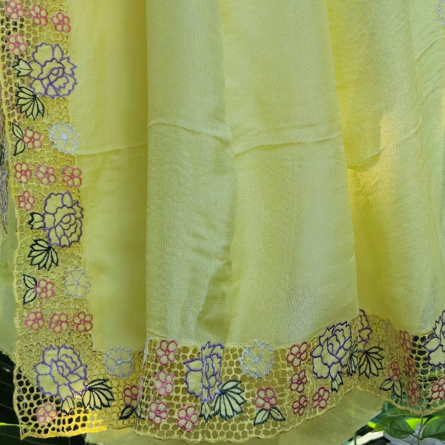 Thumbnail: Close up view of lemon yellow cutwork saree