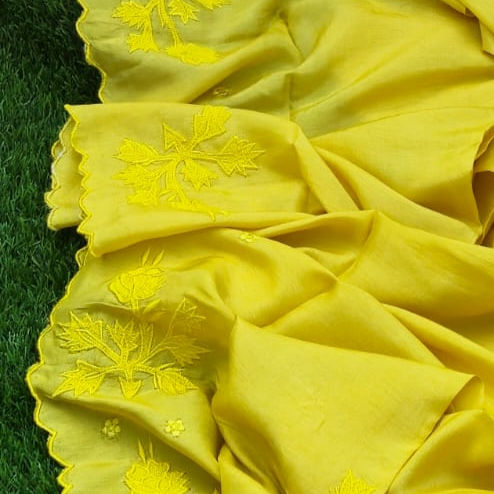 Thumbnail: Luxurious yellow silk saree with handcrafted applique details