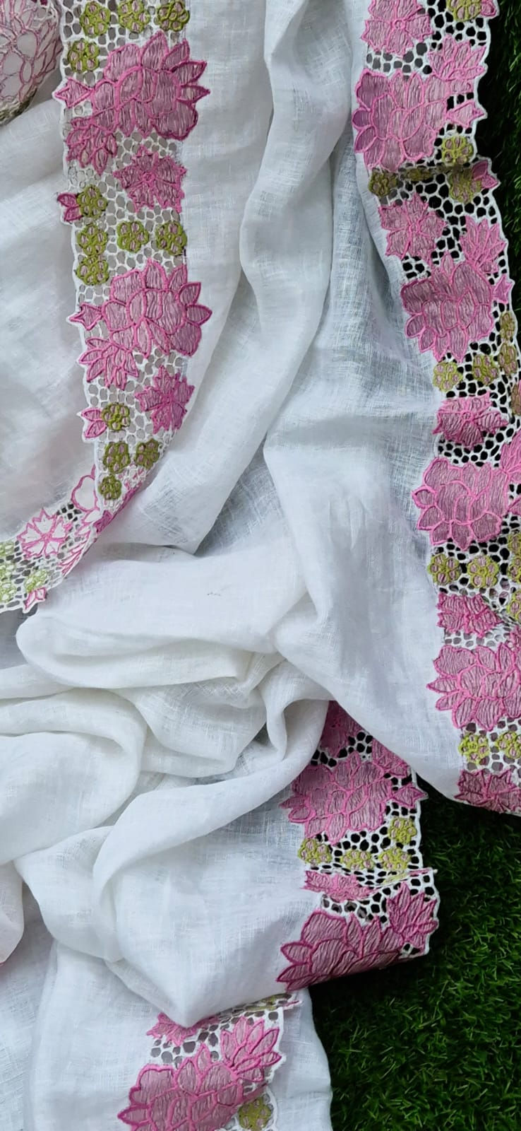 Thumbnail: aapplique work on white linen saree