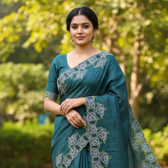 Model photo of linen cutwork saree