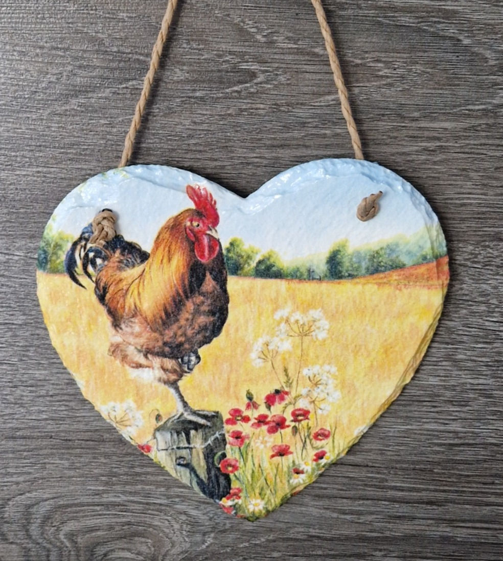 Cockerel Heart Slate Plaque Wall Hanging