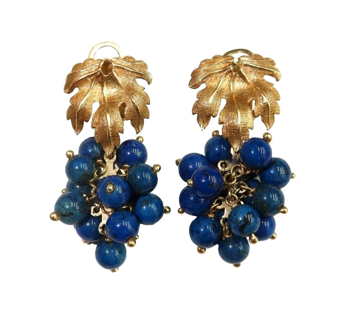 14k Yellow Gold and Lapis Lazuli Grape Earrings