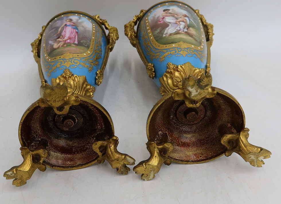 Thumbnail: Pair Sevres Style Hand Painted Porcelain Twin Handled Covered Urns c1900
