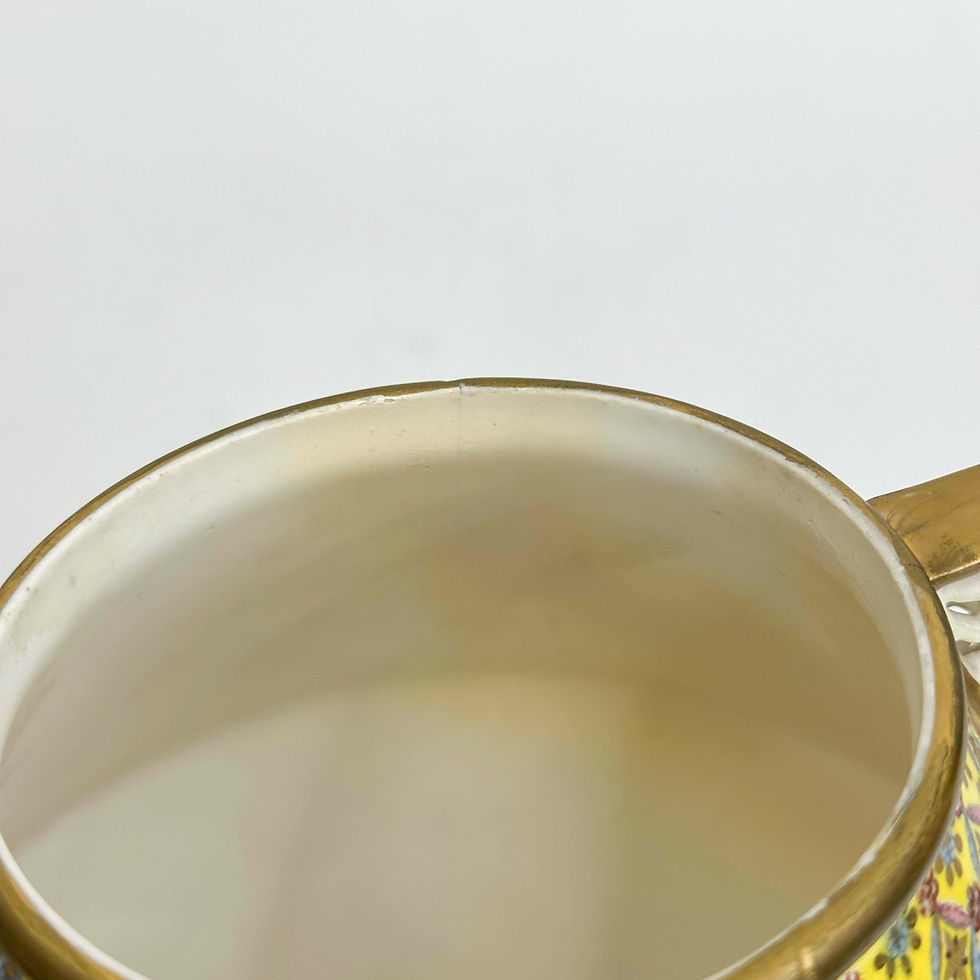 Thumbnail: Royal Crown Derby Hand Painted Yellow Porcelain Urn Reticulated Handles 1882