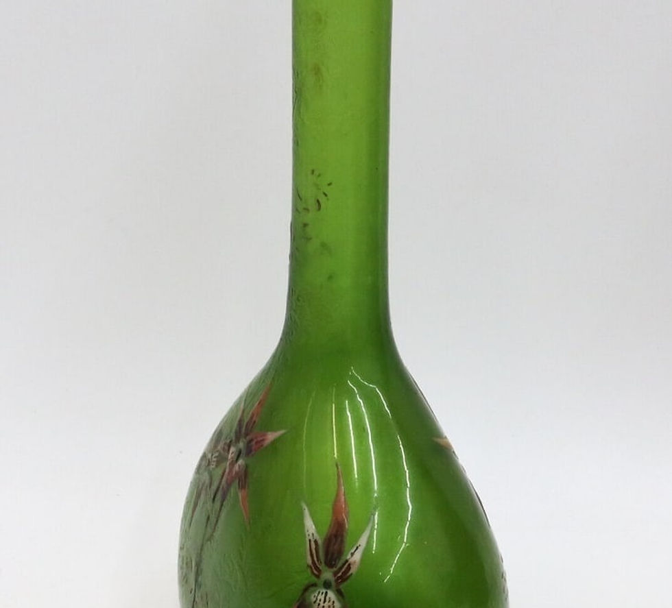 Thumbnail: Emile Galle Depose Glass Acid Etched Enamled Orchild Mushroom Banjo Vase c1890