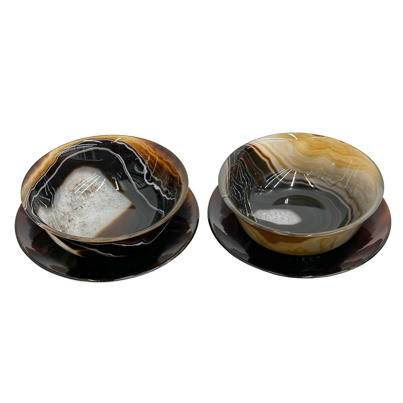 Pair Continental Carved Banded Agate Geode Bowls with Underplates mid 20th cen