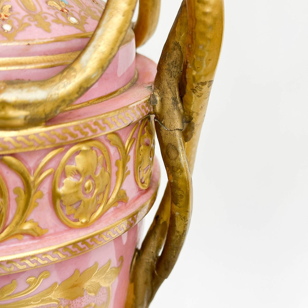 Thumbnail: Pair Sevres France Hand Painted Enamel Jeweled Porcelain Lidded Vases 19th cen