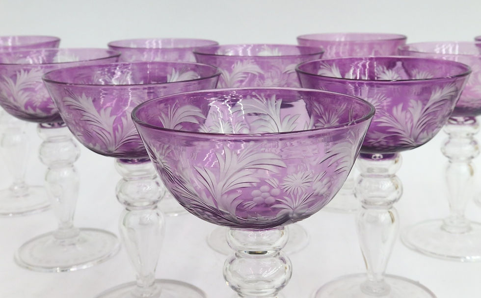 Thumbnail: 10 Carder Steuben Engraved Cut Glass Cocktail Champagne Goblets  Amethyst #6505