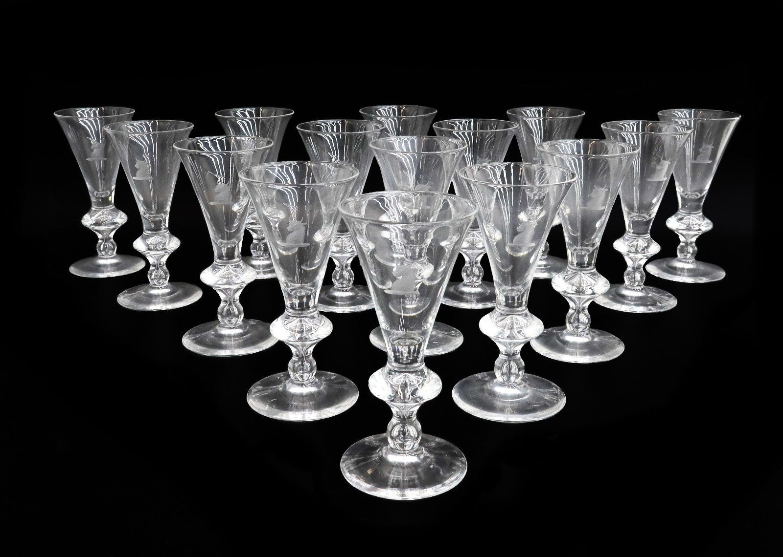 15 Steuben Art Glass Red Wine Goblets in #7737 Heraldic Emblem Signed