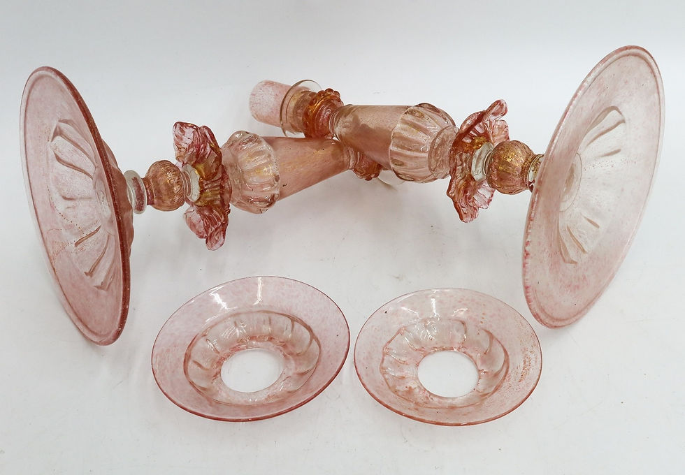 Thumbnail: Pair Salviati Venetian Art Glass Pink and Gold Flecked Candlesticks