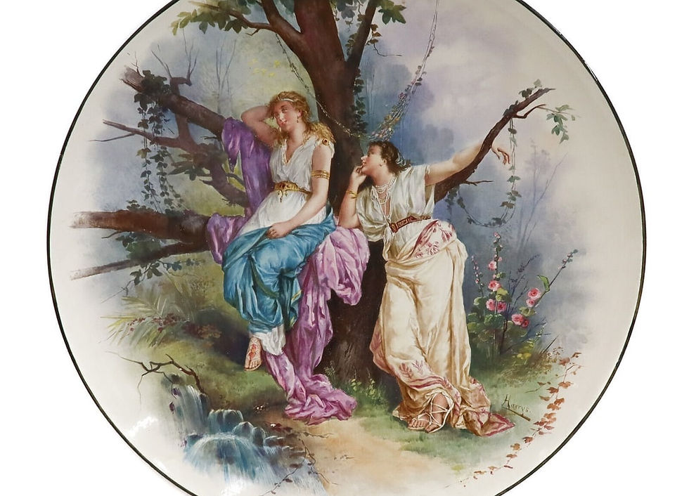 English Hand Painted Porcelain Large 24 inch Charger Two Women circa 1900