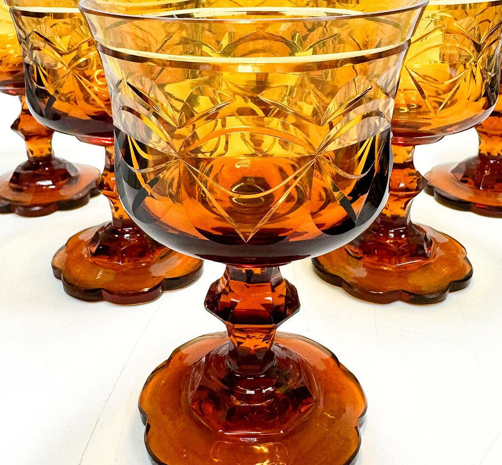 Thumbnail: 6 Bohemian Amber Gold Cut Glass 8 ounce Water Goblets, 19th Century