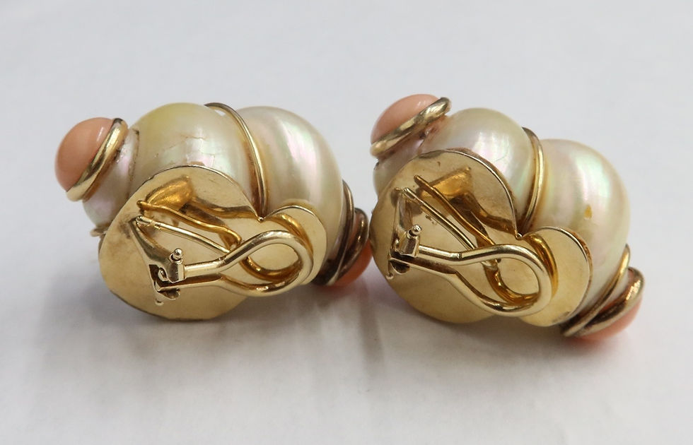 Thumbnail: 14k Yellow Gold Turbo Pearl Shell and Pink Coral Clip Earrings