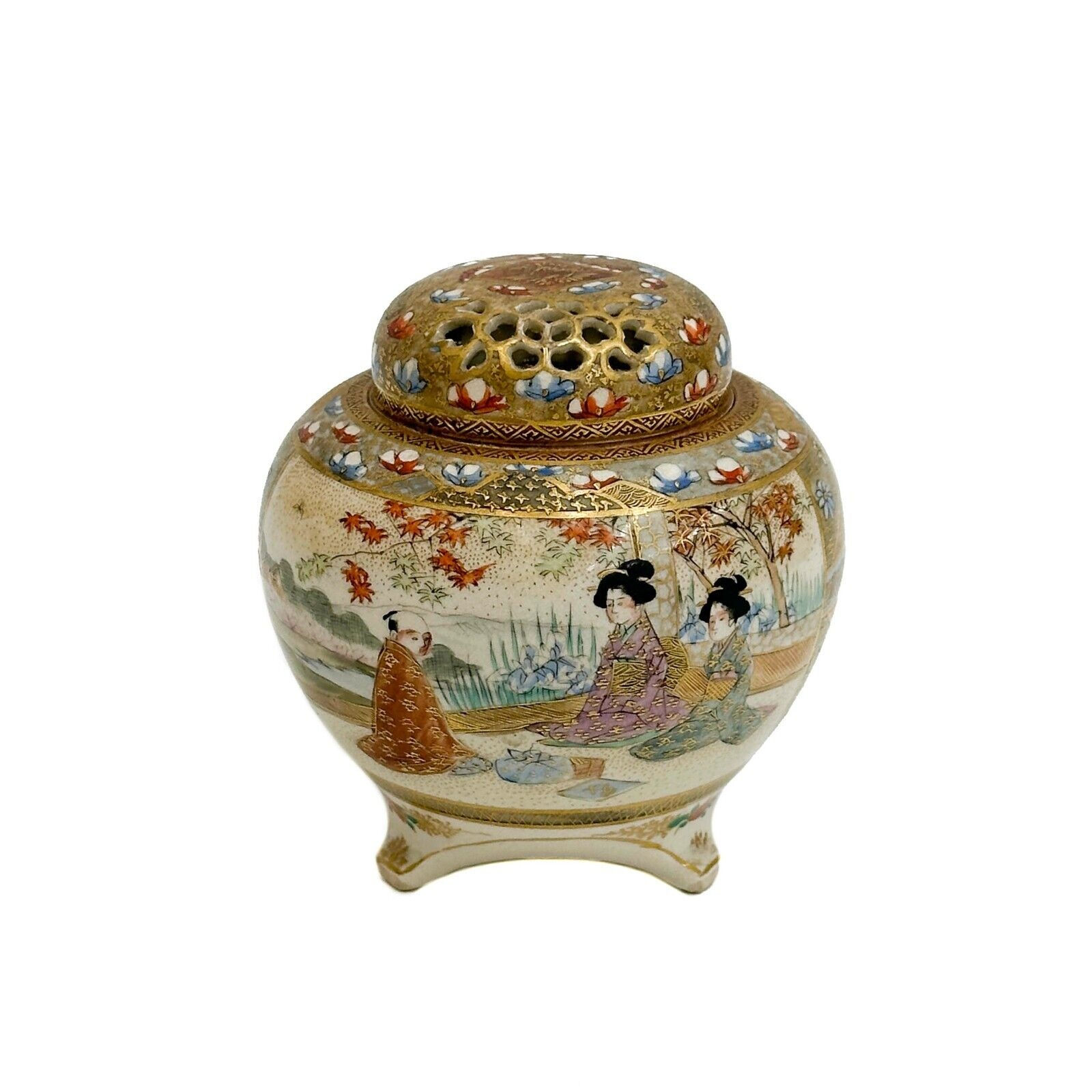 Kusube Japanese Satsuma Hand Painted Porcelain Koro Incense Jar Meiji Period
