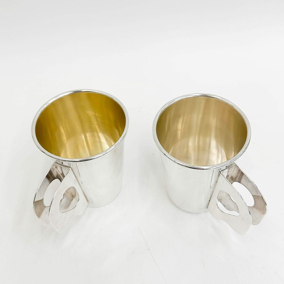 Thumbnail: Pair Bvlgari Italian Ubaldo Vitali Modernist Sterling Silver Handled Cups c1980