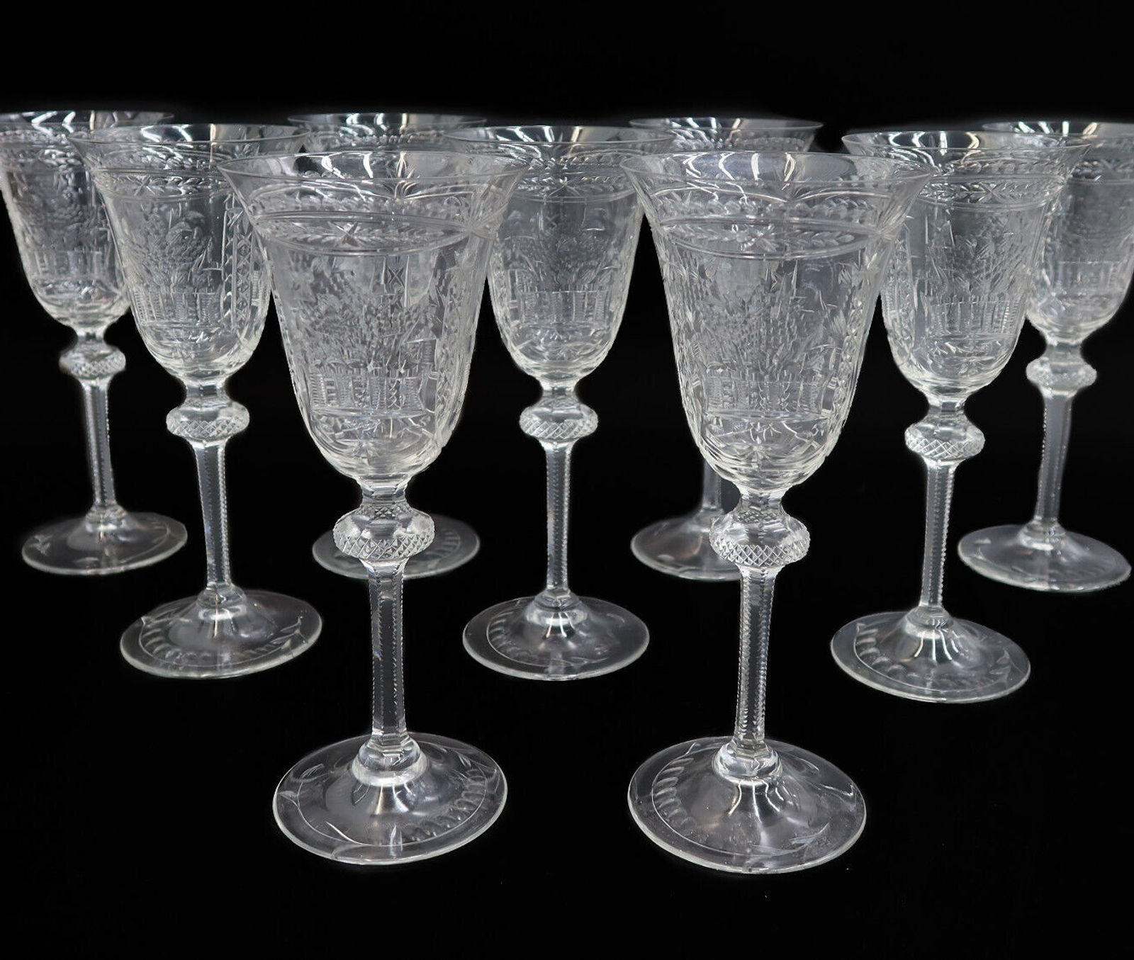 9 English Cut Glass Emulating Rock Crystal Water Goblets Early 20 Century