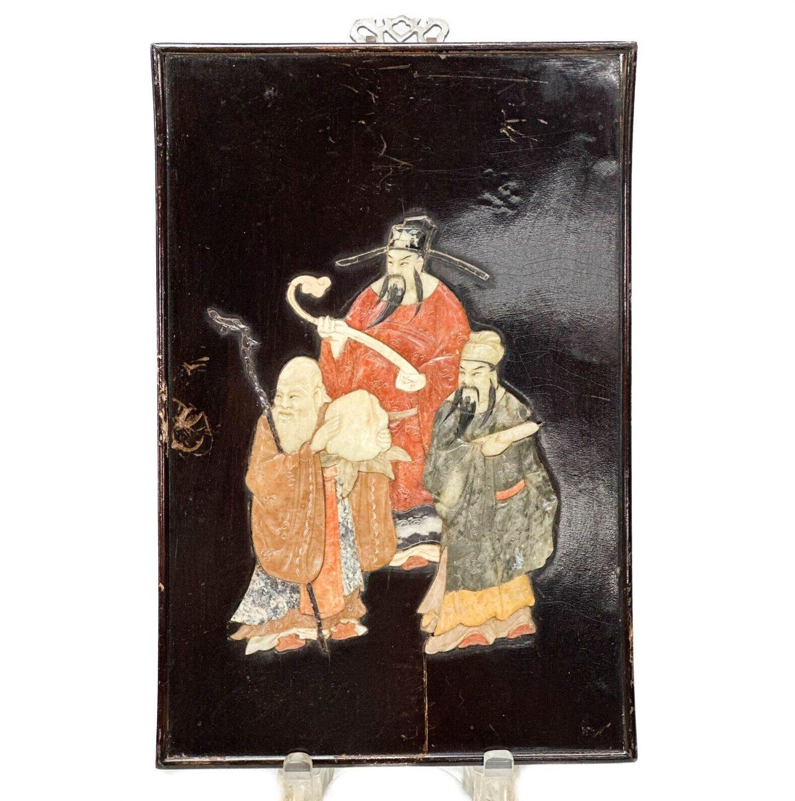 Chinese Carved Hardstone Wood Panel 3 Scholars 2nd Quarter 20th cen