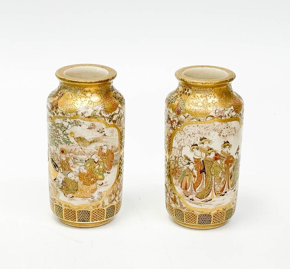Thumbnail: Pair Taizan Japanese Satsuma Hand Painted Porcelain Miniature Vases Meiji Signed