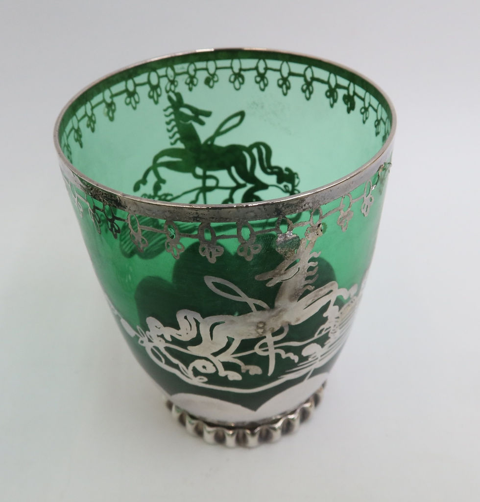 Thumbnail: 13 Murano Green Colored Glass and Silver Overlay Horse Small Tumbler Goblets
