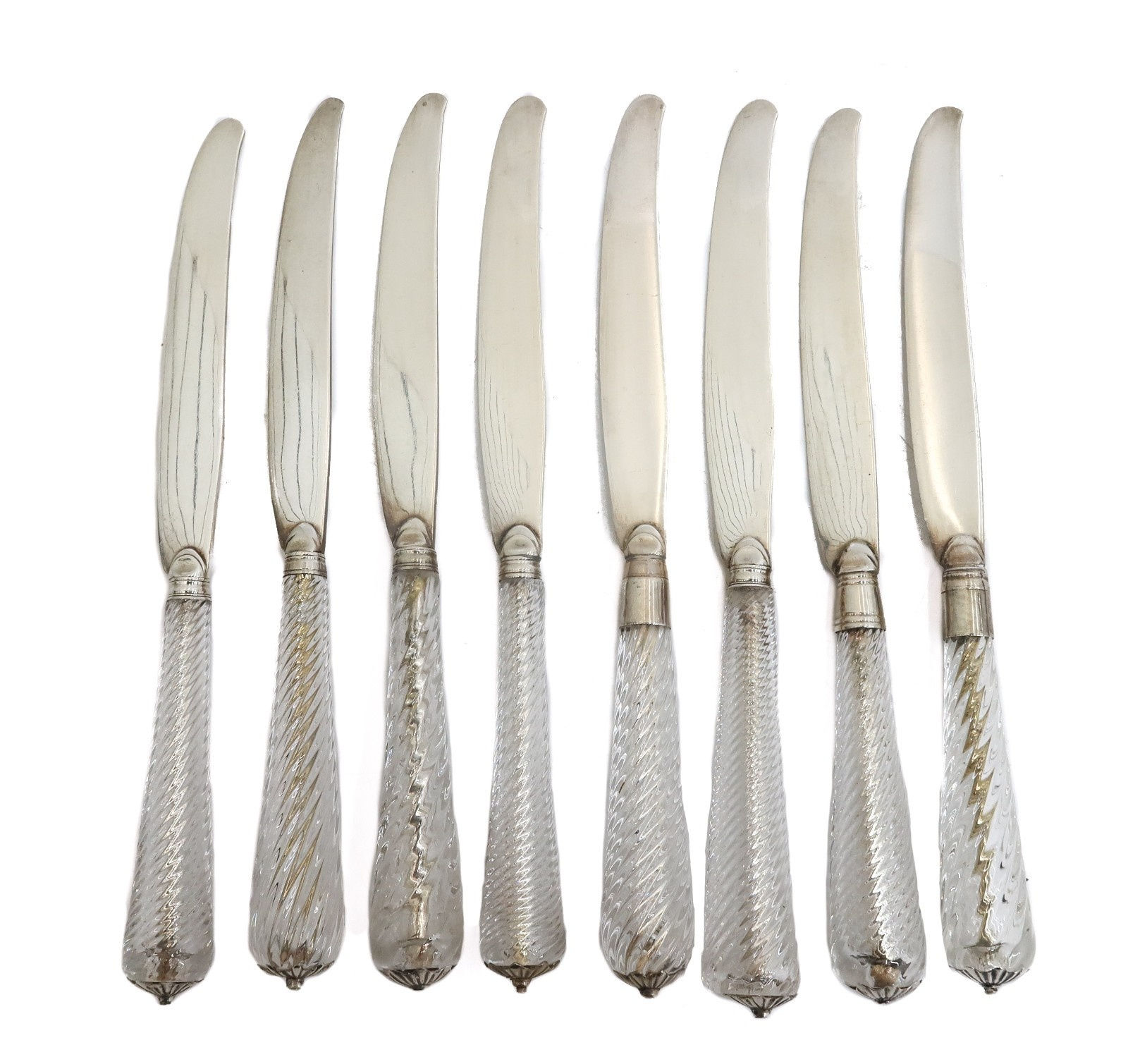 8 English Sterling Silver Francis Higgins II Knives Twisted Glass Handles 19th C