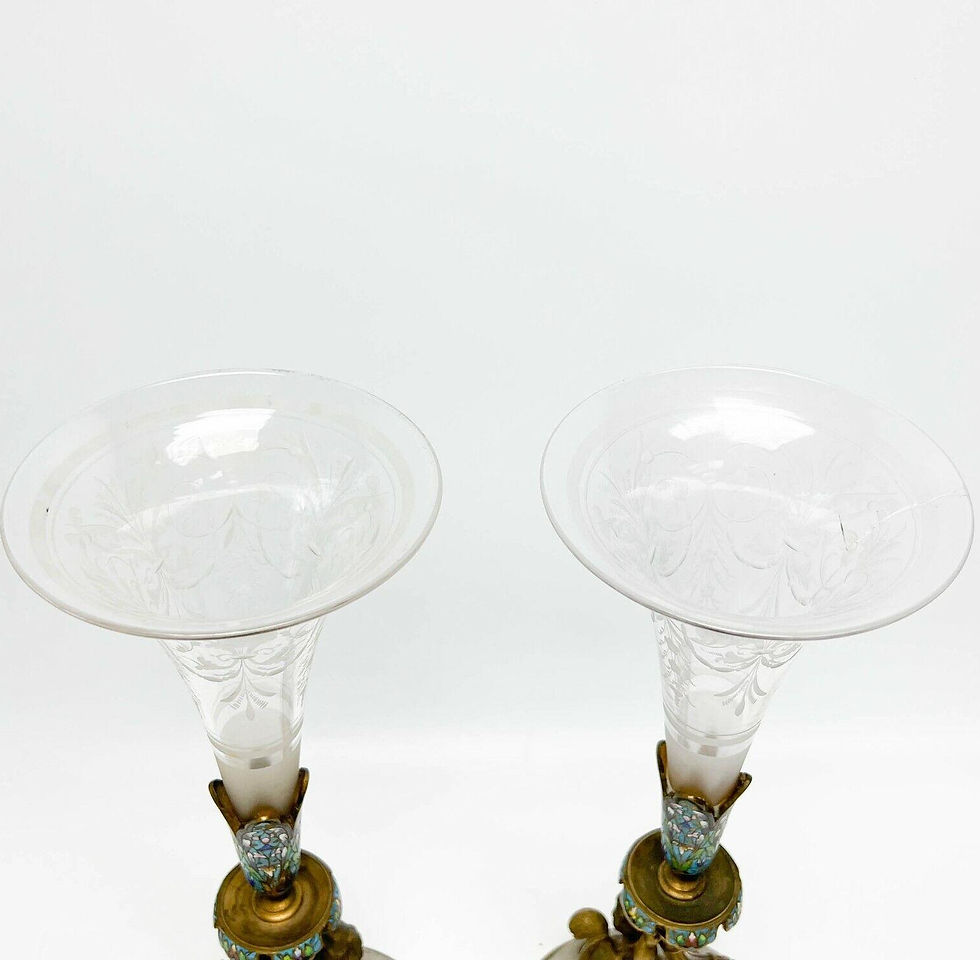 Thumbnail: Pair French Champleve Enamel Bronze Putti Engraved Glass Trumpet Form Vases