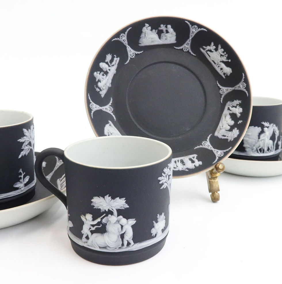 Thumbnail: 4 Wedgwood England Black Dipped Jasperware Cup and Saucers circa 1925