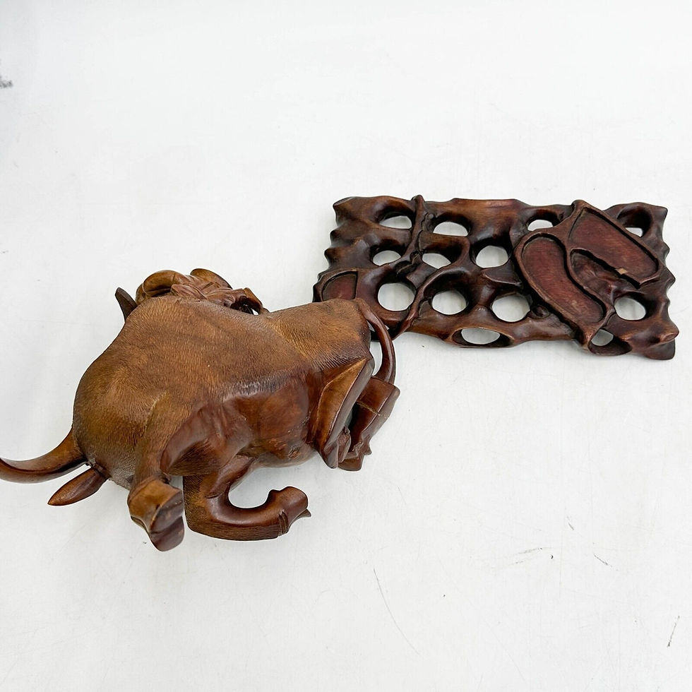 Thumbnail: Chinese carved Wood Figurine Bull Rider on Stand circa 1900