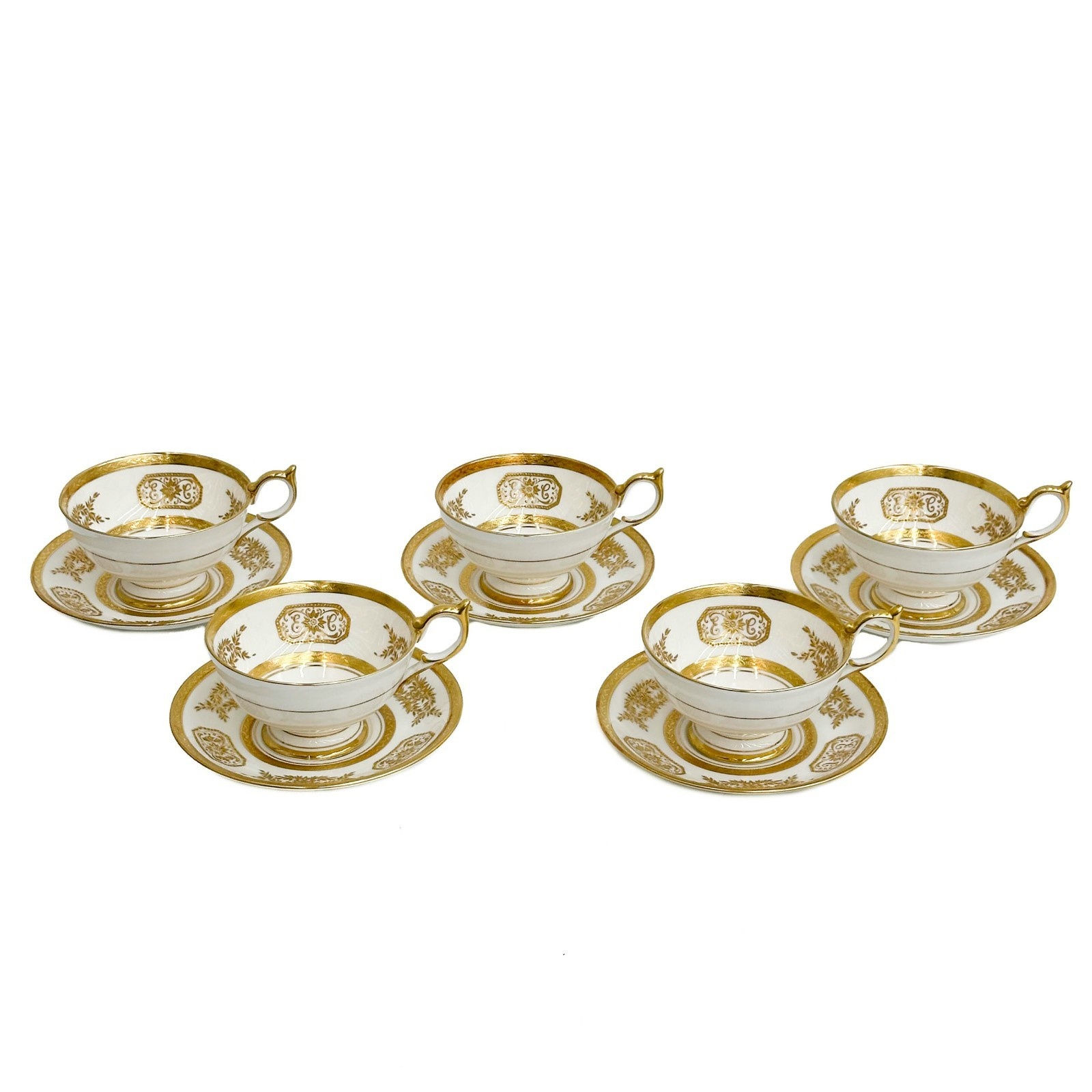 5 Aynsley England Porcelain Tea Cup & Saucers Engagement 8220 Monogrammed c1940