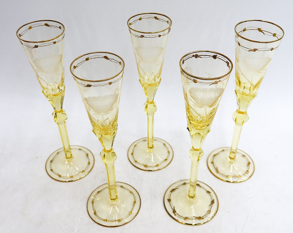 Thumbnail: 5 Moser Czech Cut Crystal Glass Champagne Flutes in Paula Citron Yellow and Gilt