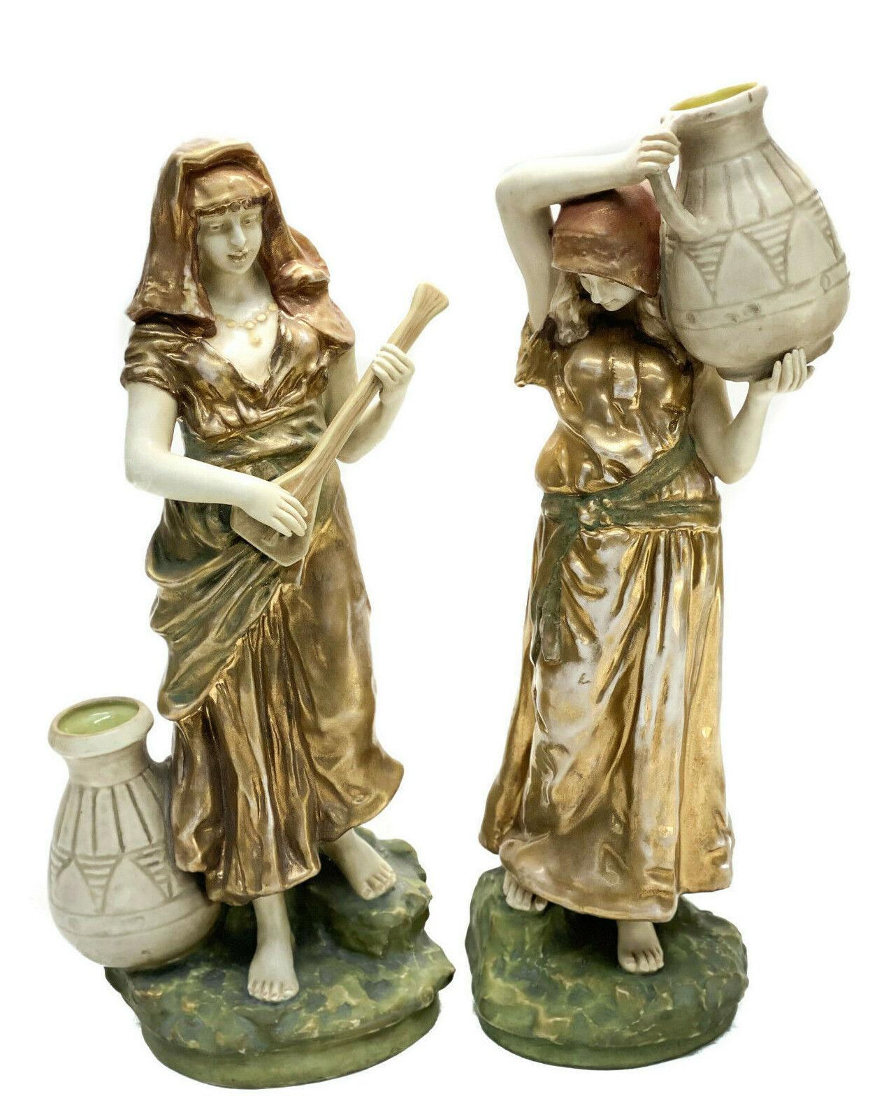 Pair Amphora Turn Imperial Porcelain Sculptures - Maiden Holding Water Vessels