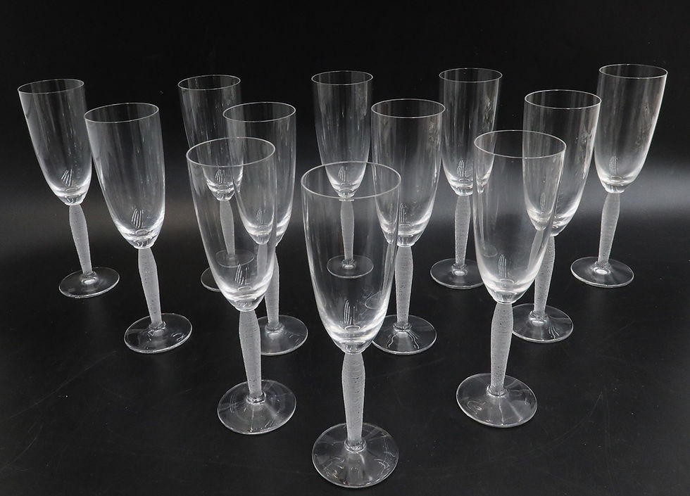 Thumbnail: 12 Lalique France Frosted and Clear Glass Champagne Flute Goblets in Lourve