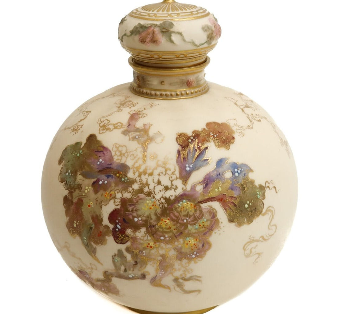 Royal Crown Derby England Porcelain Round Lidded Urn, 1890. Florals and Enamel