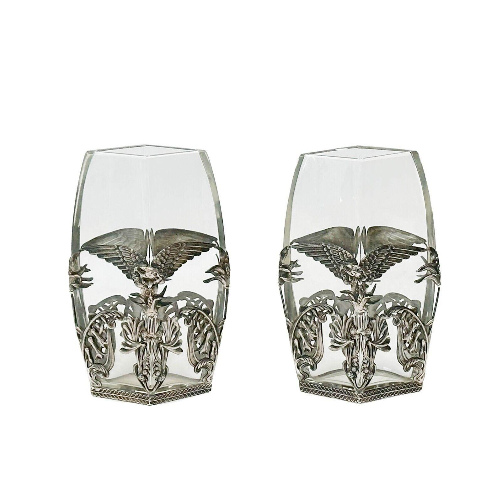 Pair German Jugendstil Silver Plate Mounted Glass Vases Eagles c. 1920