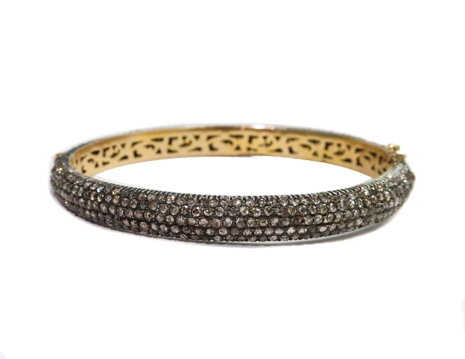 14k Yellow Gold Silver Topped and Rose Cut Diamond Hinged Bangle Bracelet