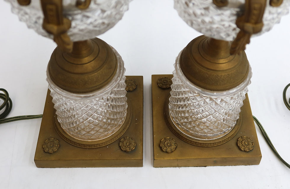 Thumbnail: Pair French Gilt Bronze and Cut Glass Lamps Early 20th Century Figural Heads