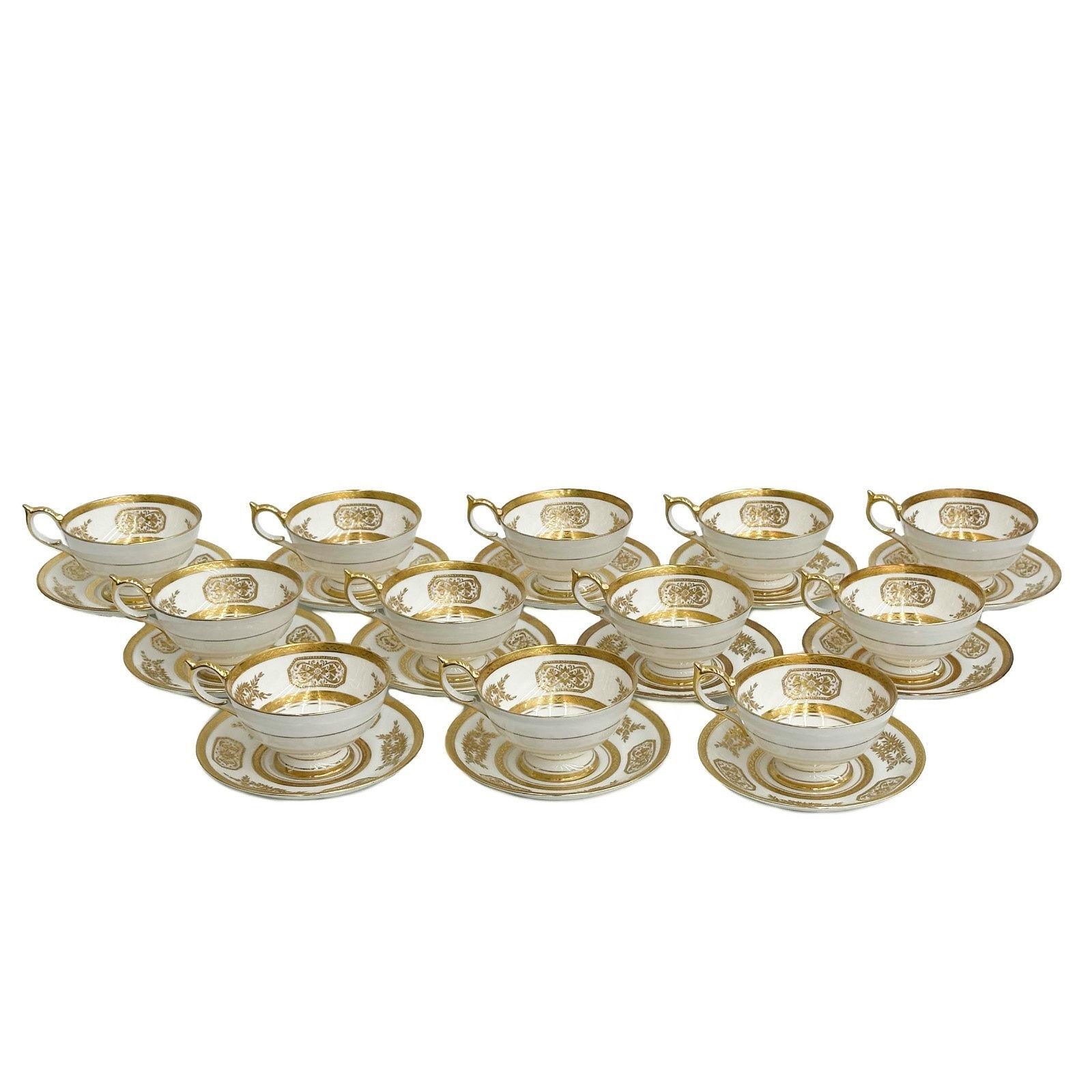 12 Aynsley England Gilt Porcelain Tea Cup & Saucers in Engagement 8220 c1940