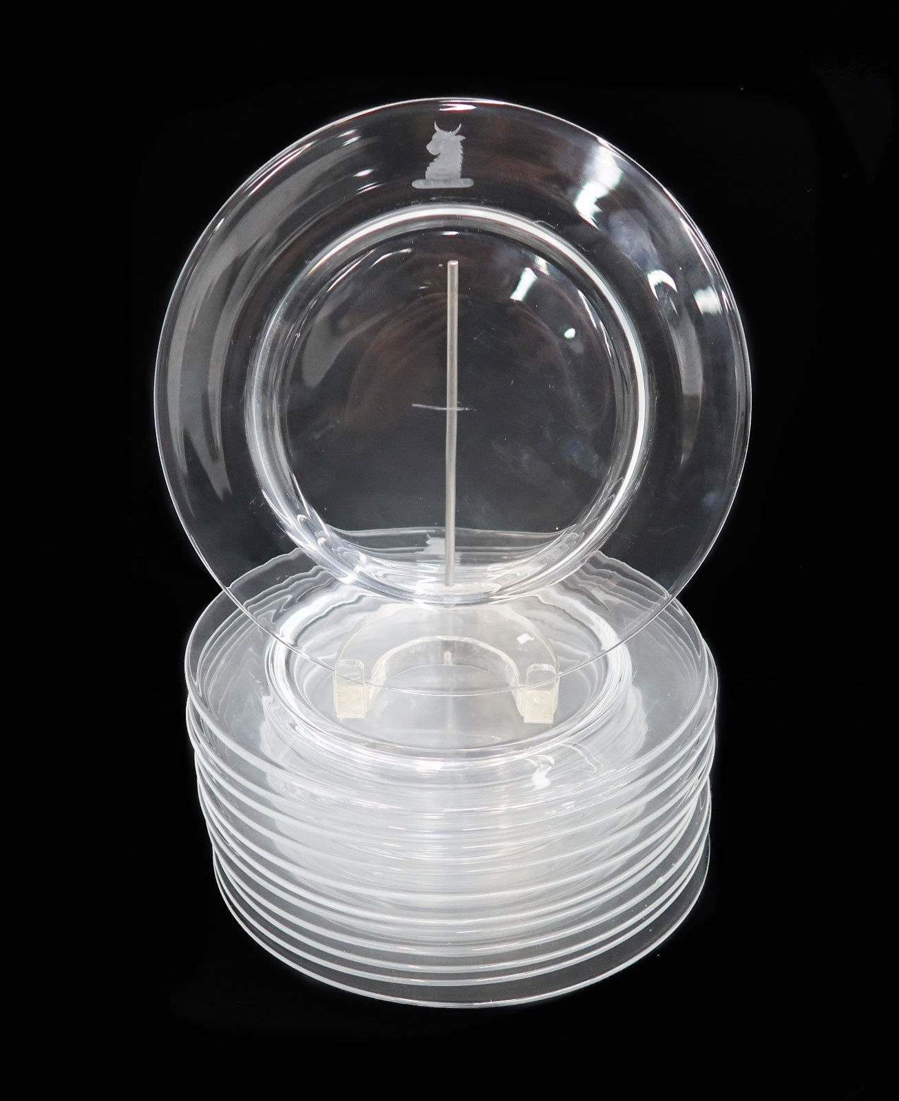 12 Steuben Art Glass Dinner Plates Heraldic Emblem Signed