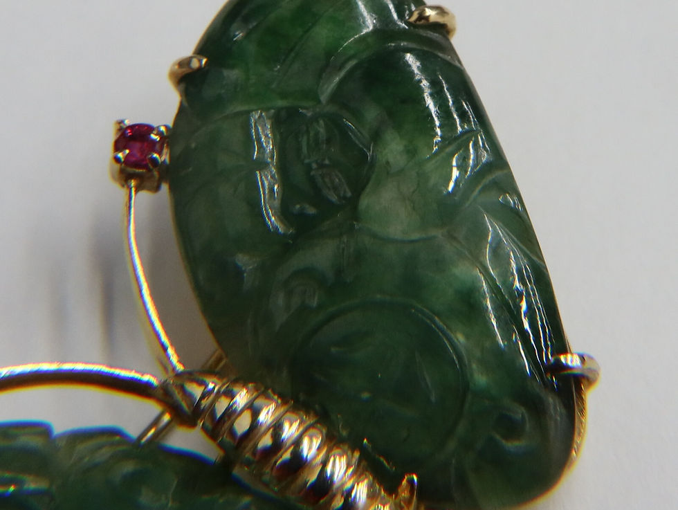 Thumbnail: Gump's 14k Yellow Gold Carved Jade and Ruby Butterfly Brooch Pin