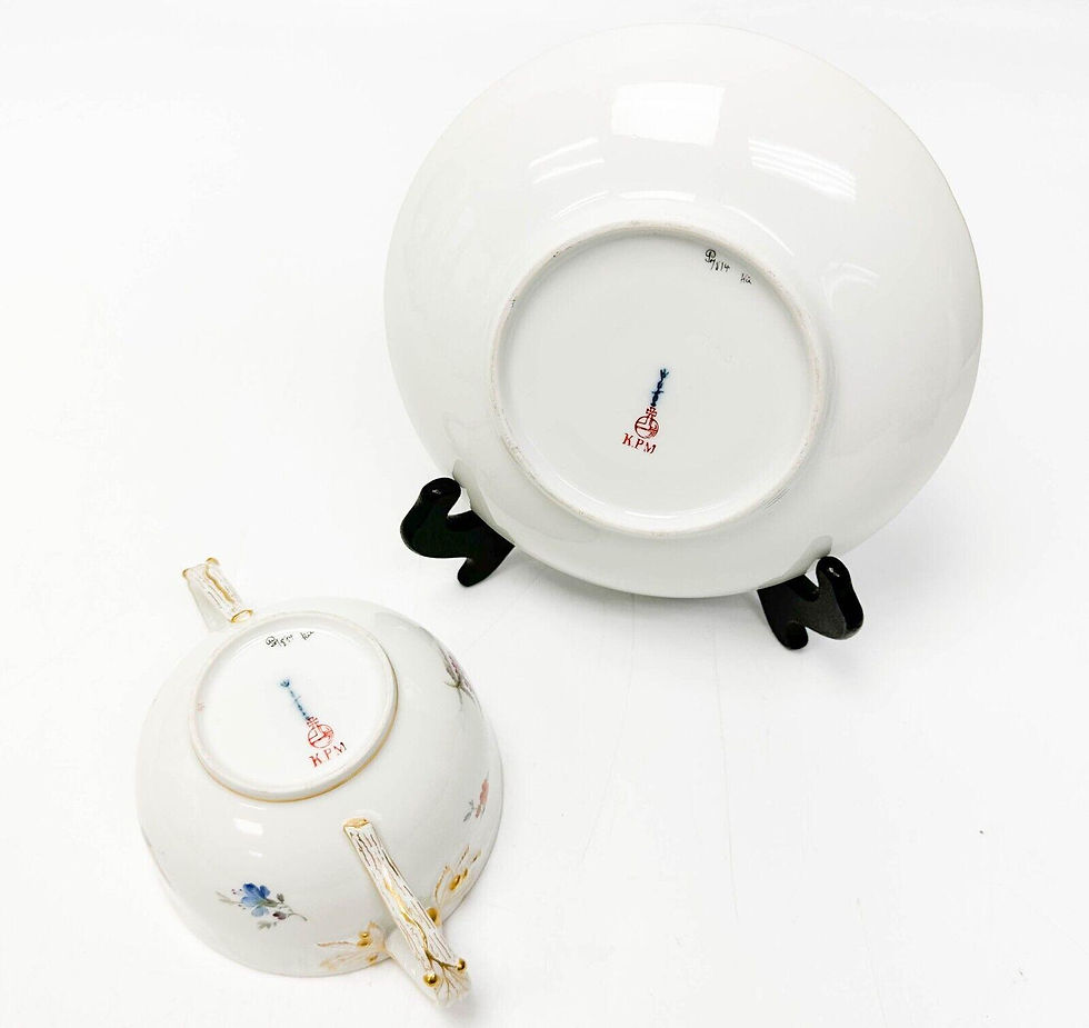 Thumbnail: 12 KPM Berlin German Hand Painted Porcelain Bouillon Bowls & Underplates c. 1900
