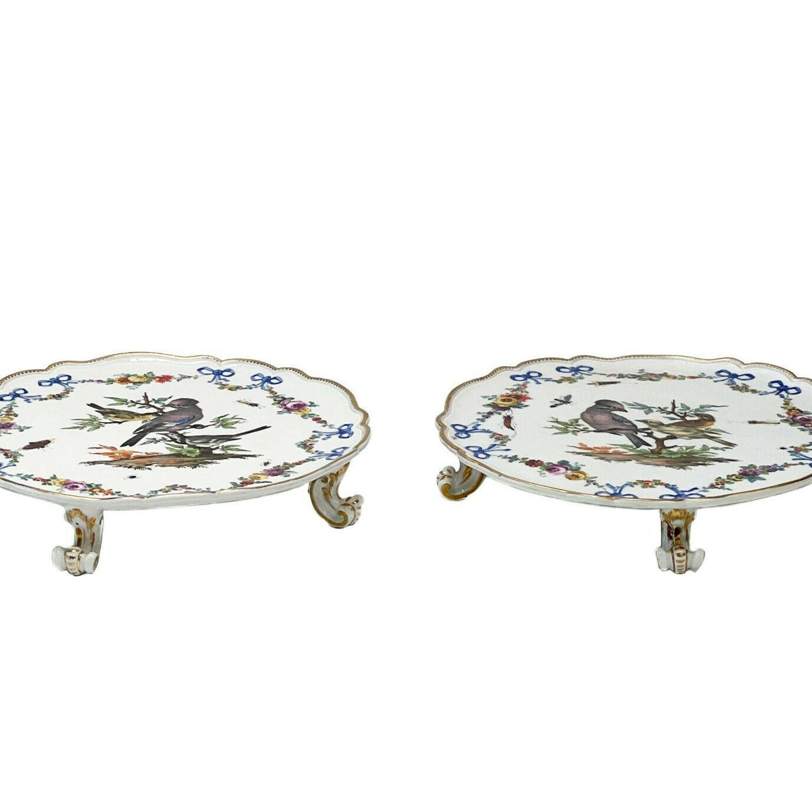 Pair Meissen Marcoloni Ornithological Porcelain Footed Trays or Cake Plates